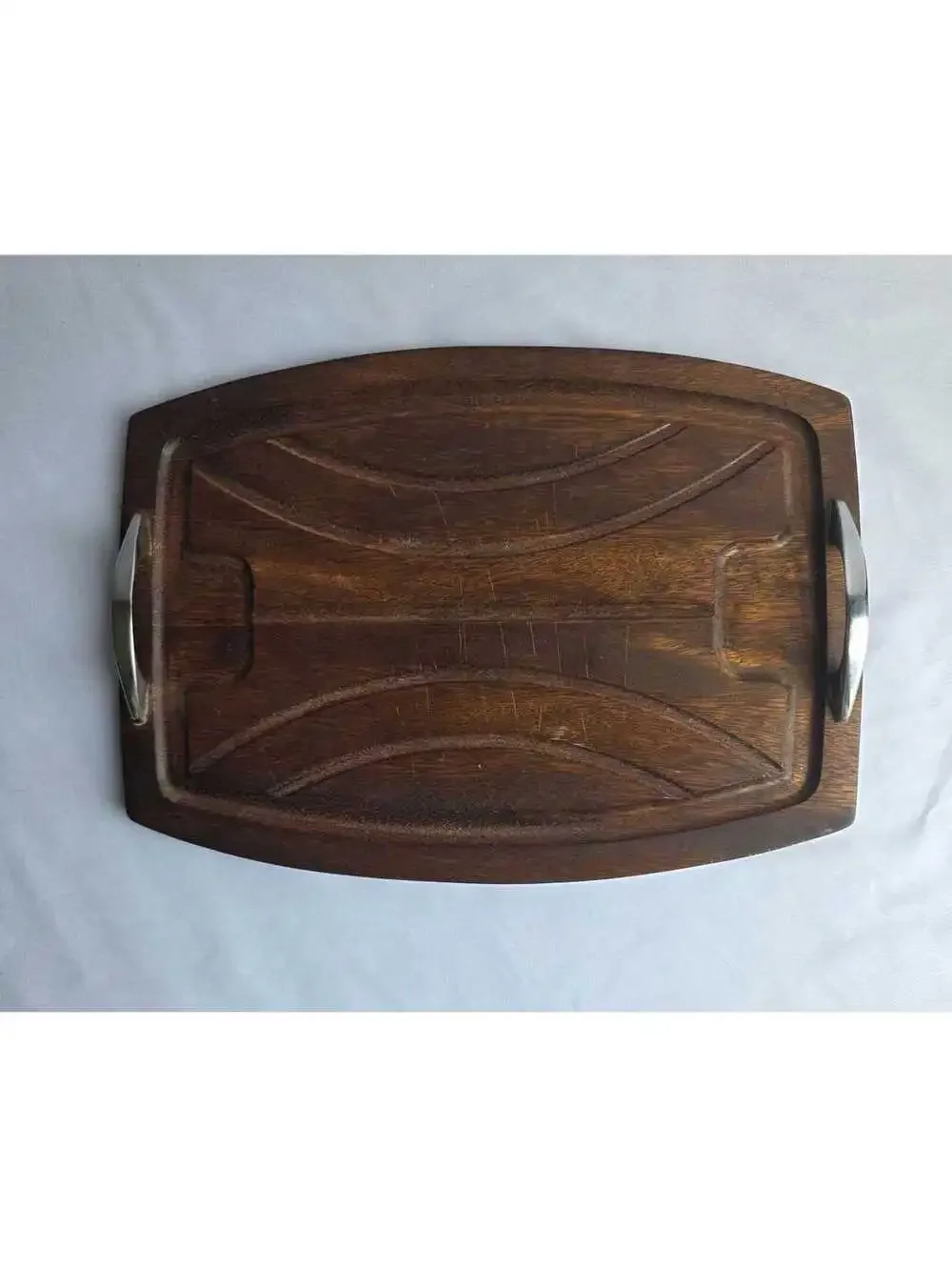 Vintage Wooden Serving Tray w/ Metal Handles Carved Design Solid Wood